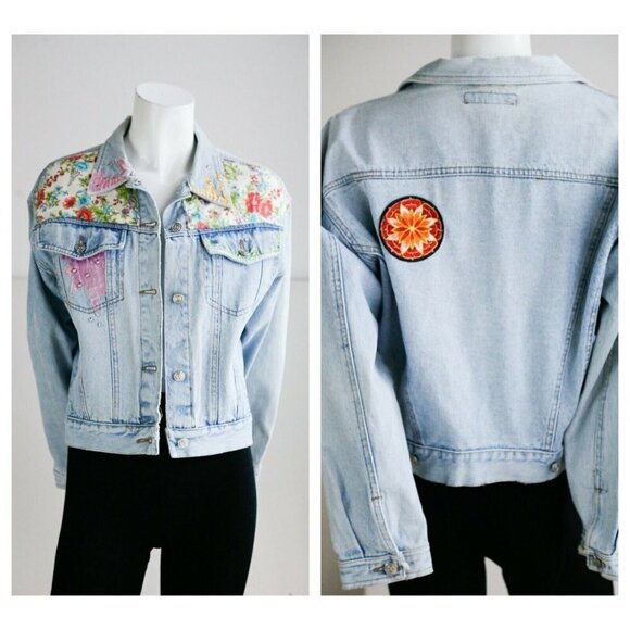 Vintage Oakoa Blue Patchwork Colourful  Light Wash Denim Cropped Jacket - Picture 1 of 8